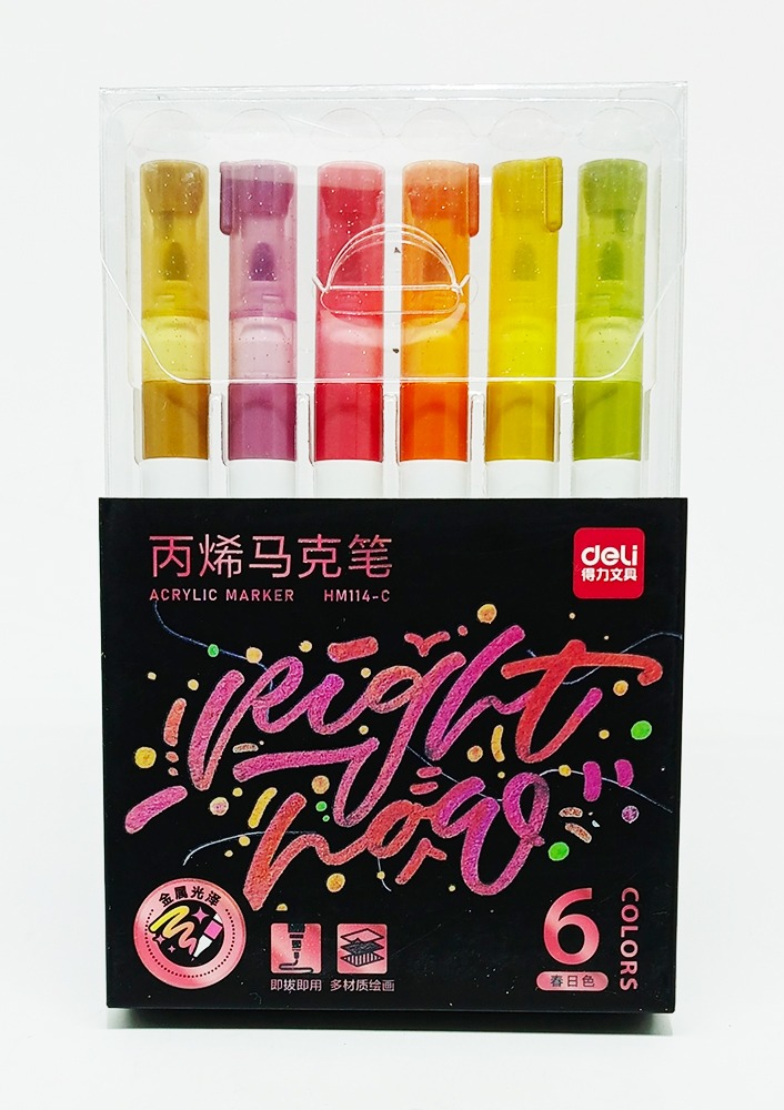 Marcador Metálico 6 colores DELI Acrílico Punta Redonda Colores CÁLIDOS HM114-C