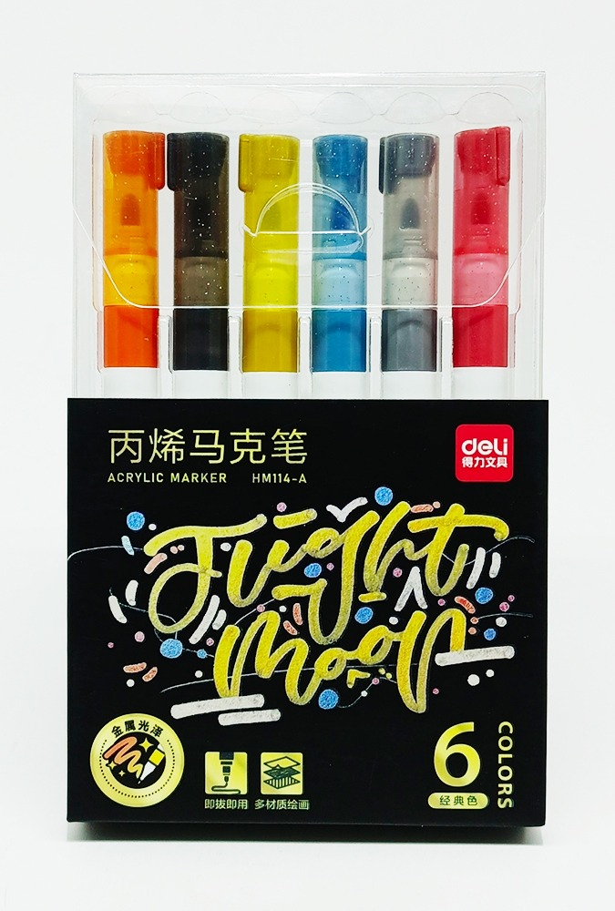 Marcador Metálico 6 colores DELI Acrílico Punta Redonda Colores CLÁSICOS CK HM114-A