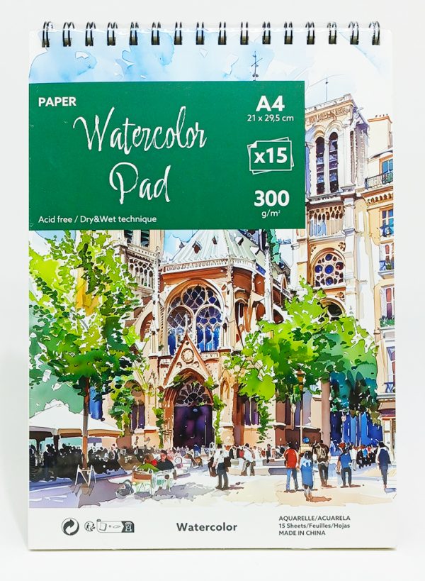 Block de Dibujo Espiral A-4 WATERCOLOR Pad 15 hojas 300 gr. para Acuarela WA41501