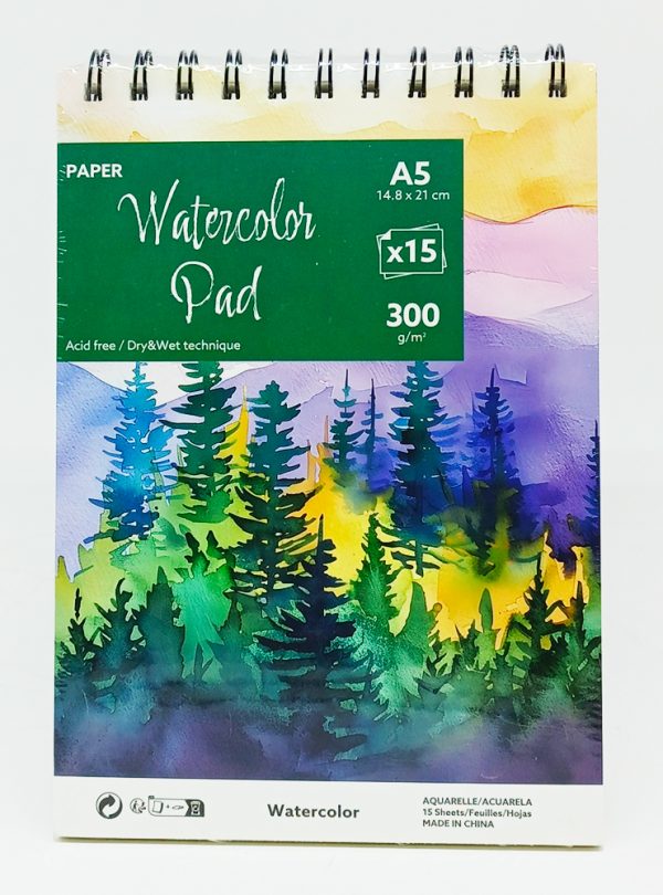 Block de Dibujo Espiral A-5 WATERCOLOR Pad 15 hojas 300 gr para Acuarela WA41501