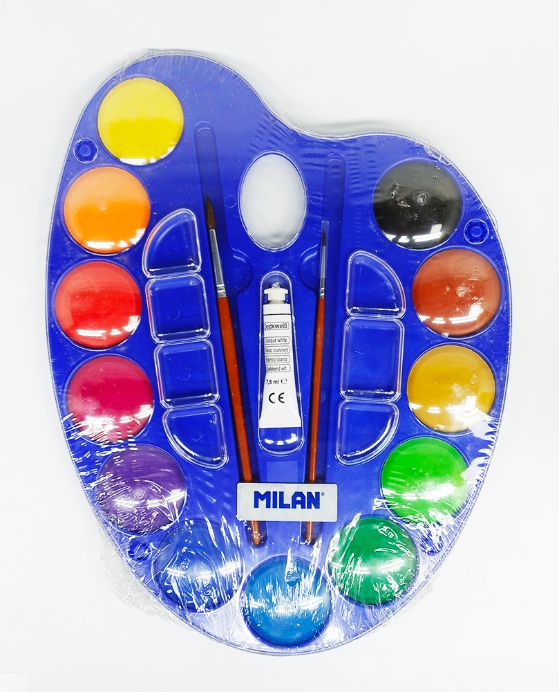 Acuarelas de 12 colores MILAN + 3 accesorios 54412 con paleta estuche de plástico