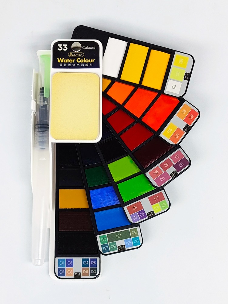 Acuarelas de 33 colores SUPERIOR en pastillas + pincel recargable