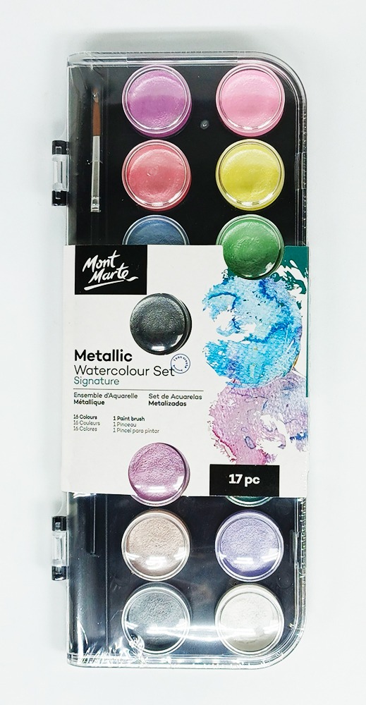 Acuarelas de 16 colores MON MARTE Metalizada en pastillas + pincel PMHS0091