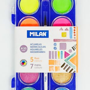Acuarelas de 12 colores MILAN 531512 FLUO-METALIZADOS con pincel estuche de plástico.