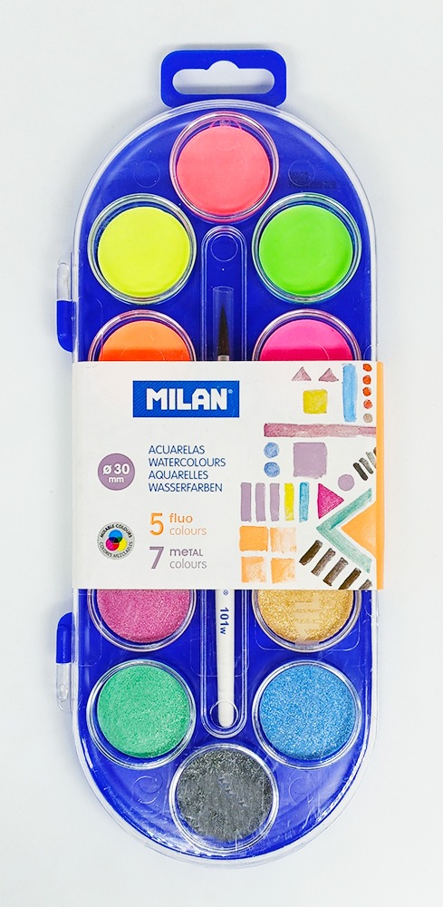 Acuarelas de 12 colores MILAN 531512 FLUO-METALIZADOS con pincel estuche de plástico.