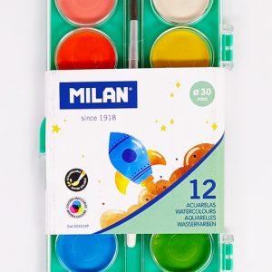 Acuarelas de 12 colores MILAN 53312 Redonda con pincel estuche de plástico.