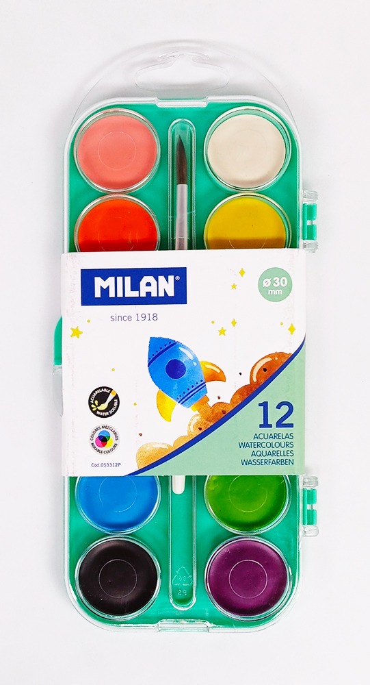 Acuarelas de 12 colores MILAN 53312 Redonda con pincel estuche de plástico.